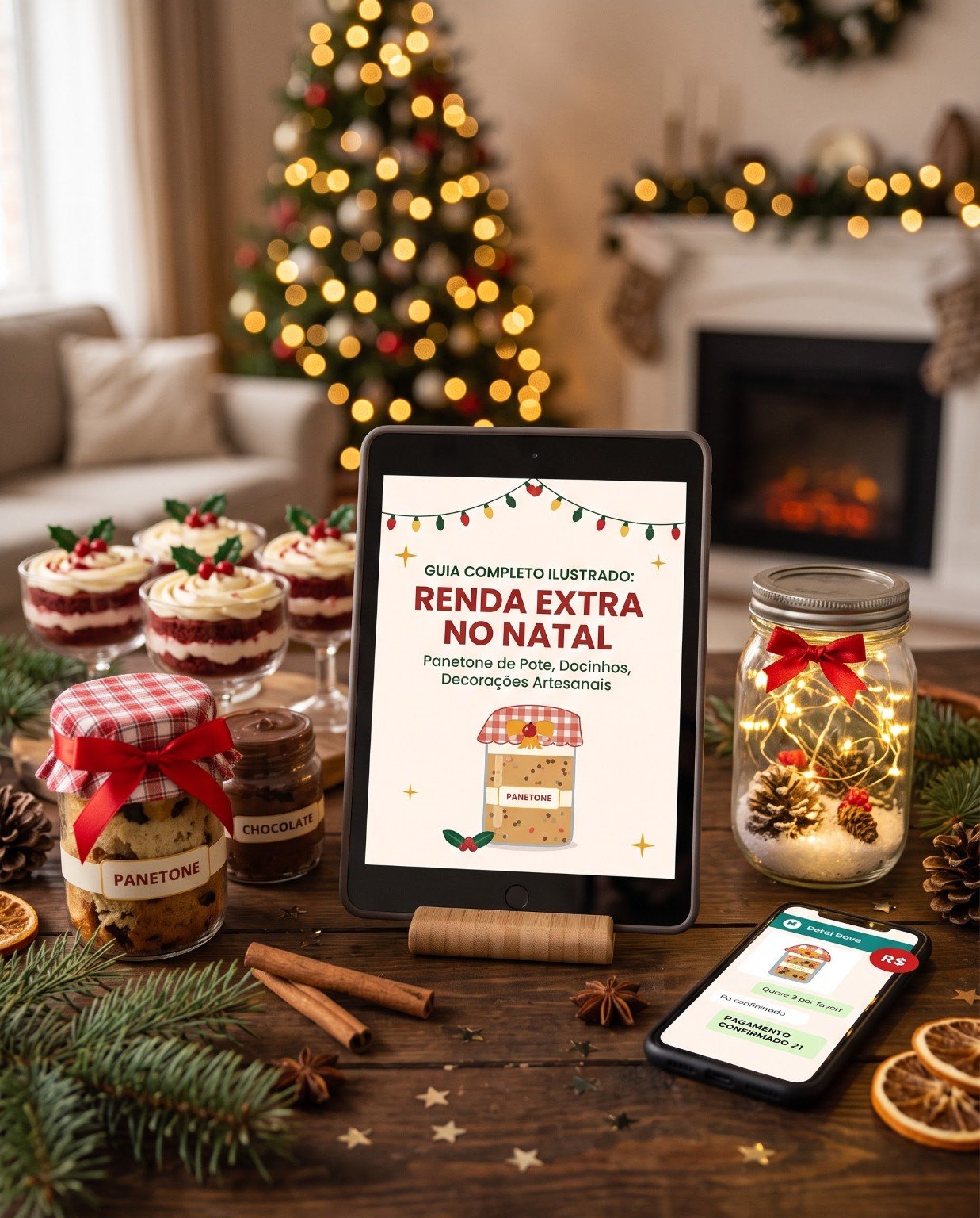 Apresentação do Guia Renda Extra no Natal em uma mesa com panetone, doces e decoração natalina